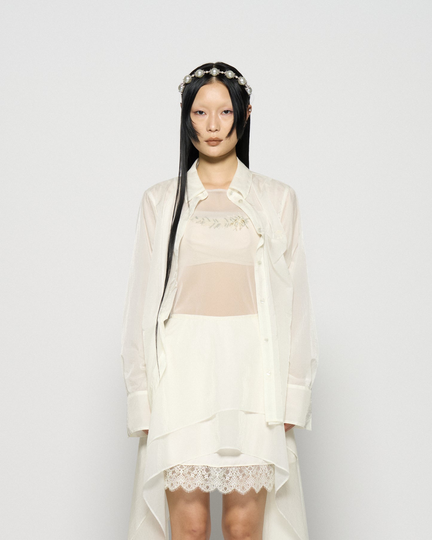 wave tuck lumen embroidery sheer shirt Off white【Delivery in January 2026】