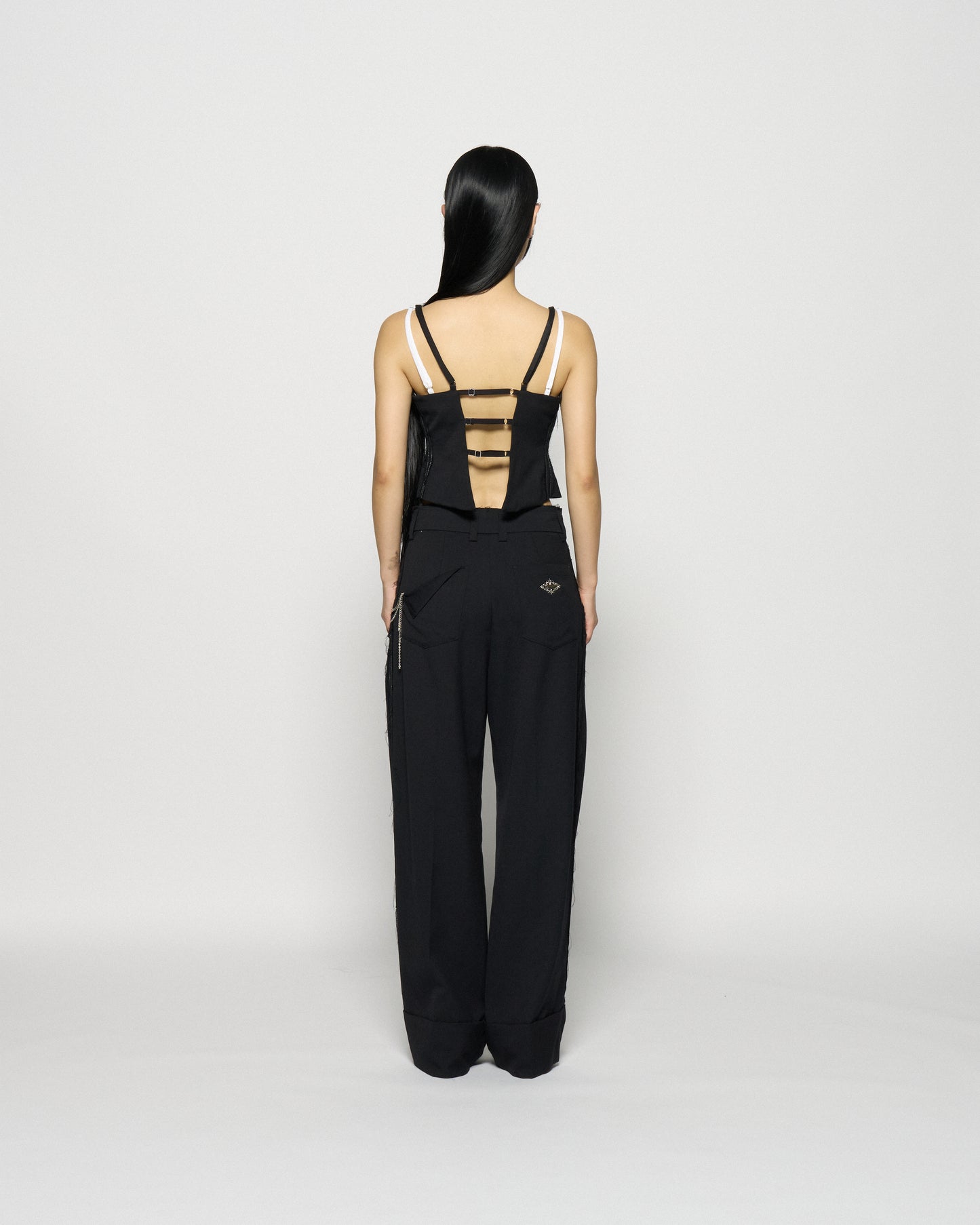 seam frayed dropped chain pants Black【Delivery in February 2026】