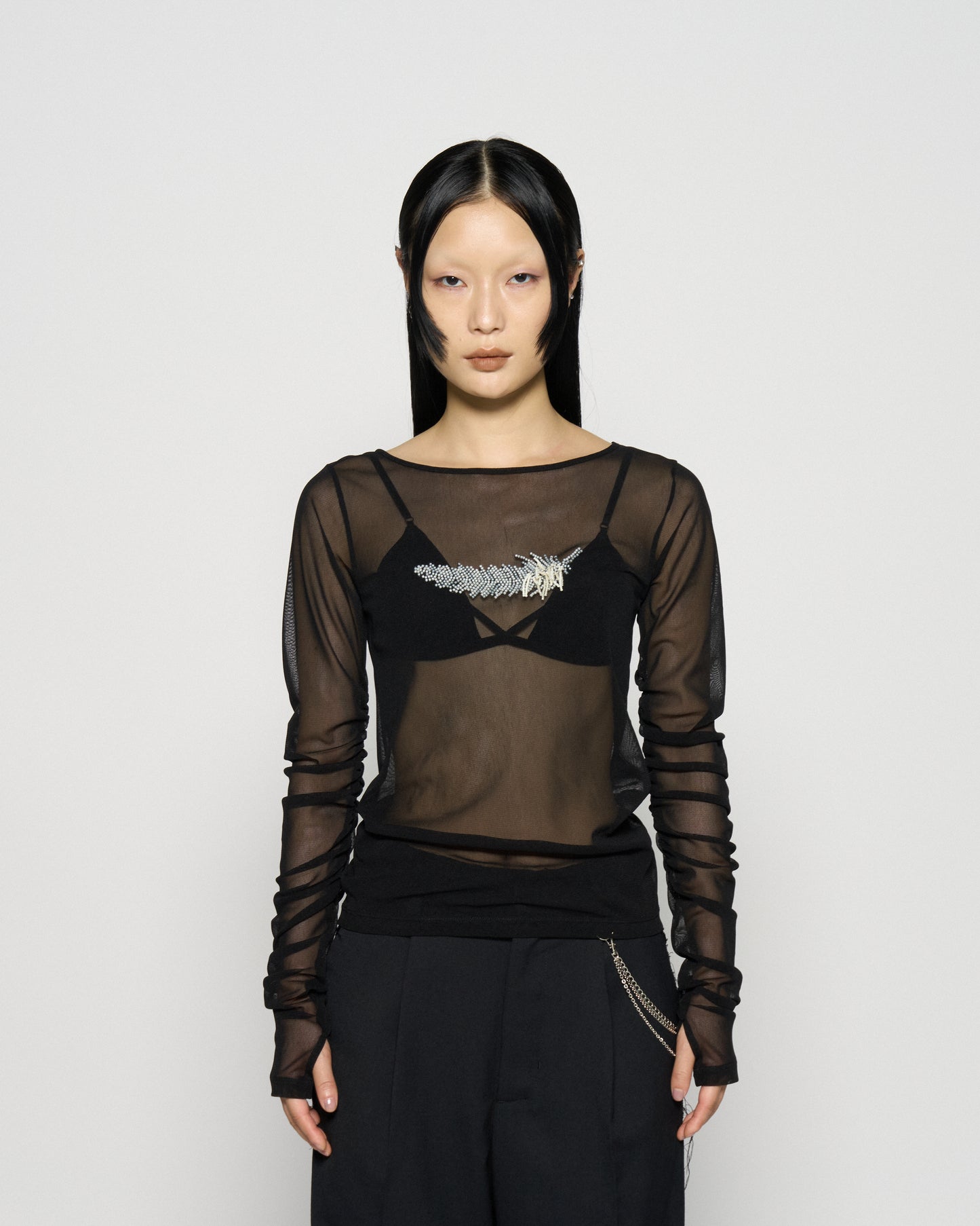 feather beads embroidery gather sleeve tops Black【Delivery in March 2026】