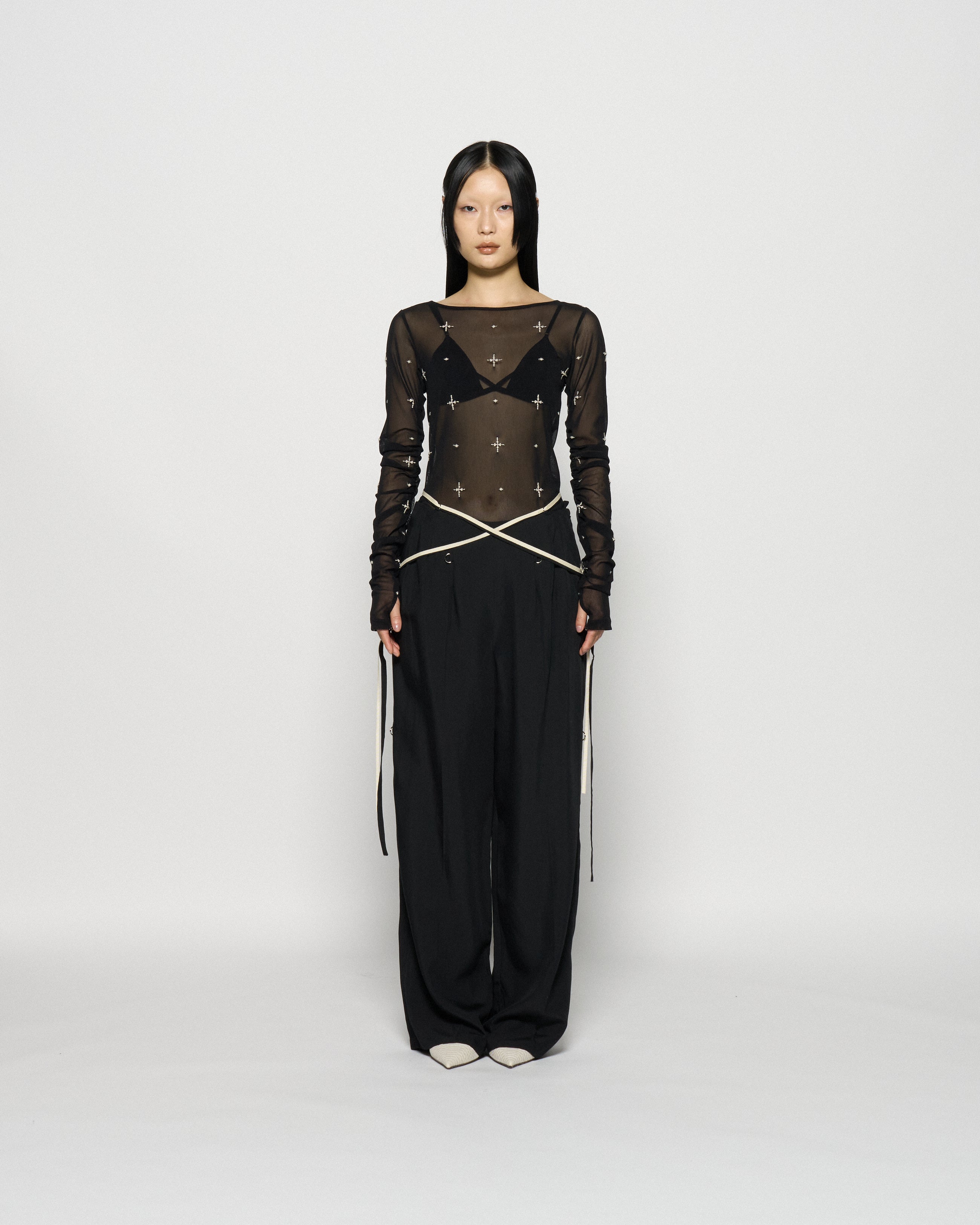 cross embroidery gather sleeve tops Black【stock】 – tanakadaisuke