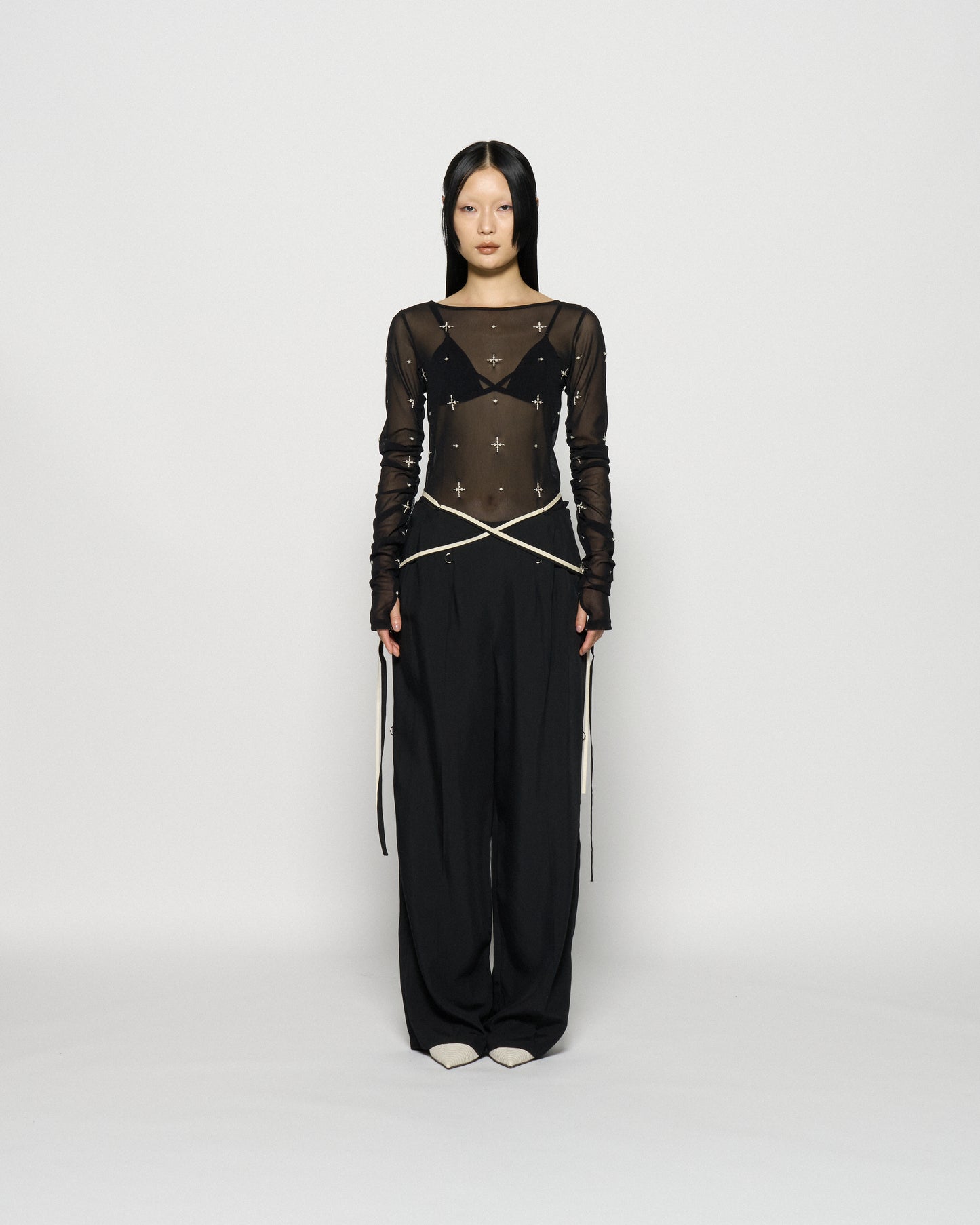 cross embroidery gather sleeve tops Black【stock】