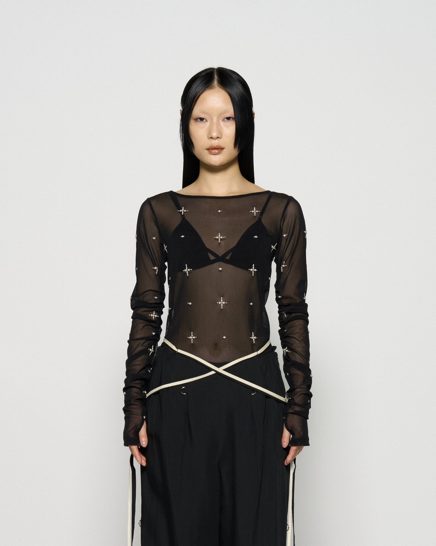 cross embroidery gather sleeve tops Black【Delivery in February 2026】