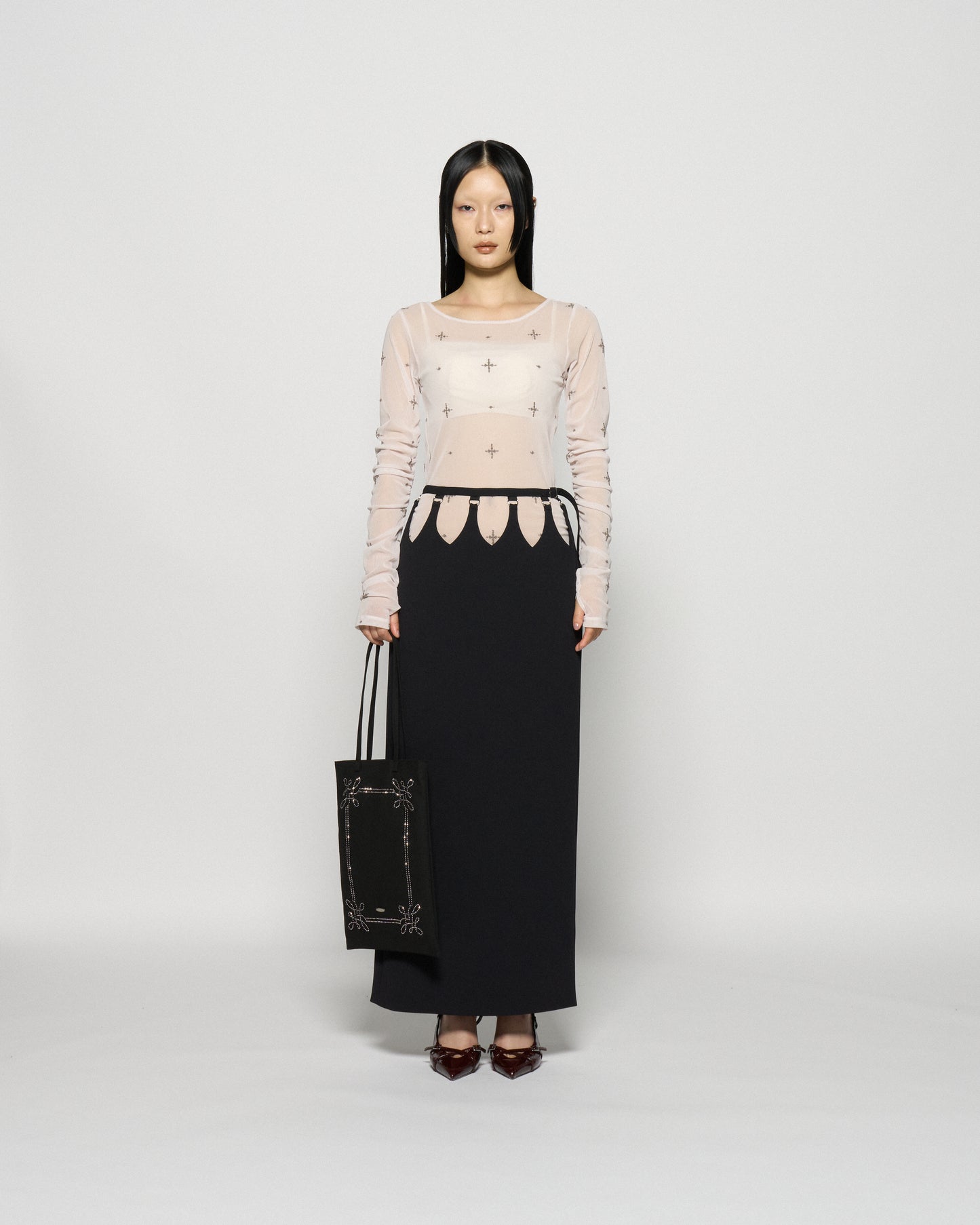 cross embroidery gather sleeve tops Greige【Delivery in February 2026】