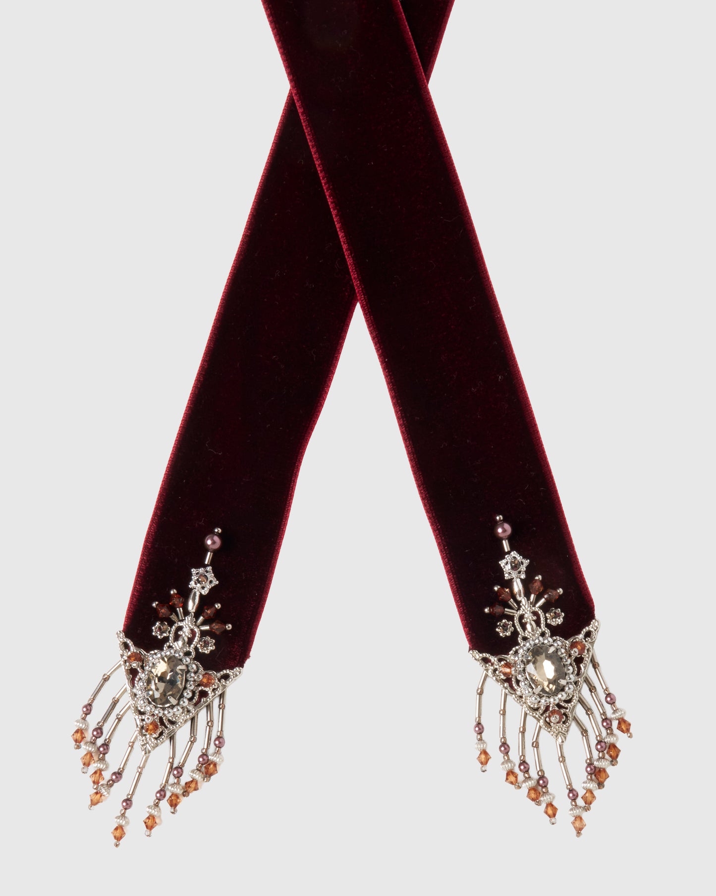 crystal silver tip velvet long ribbon Red【stock】