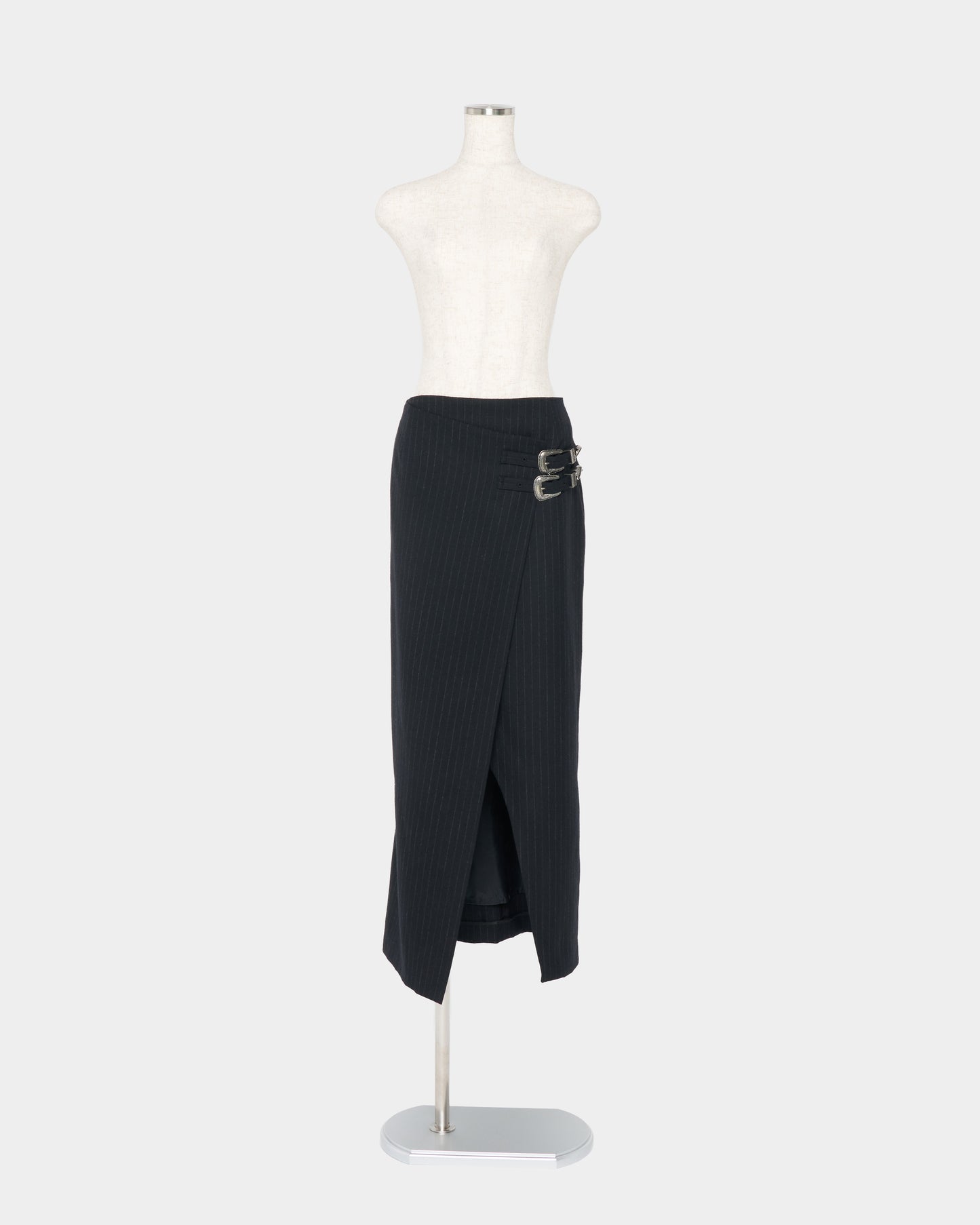 metal buckle stripe wool wrap skirt Black【Delivery in July 2026】