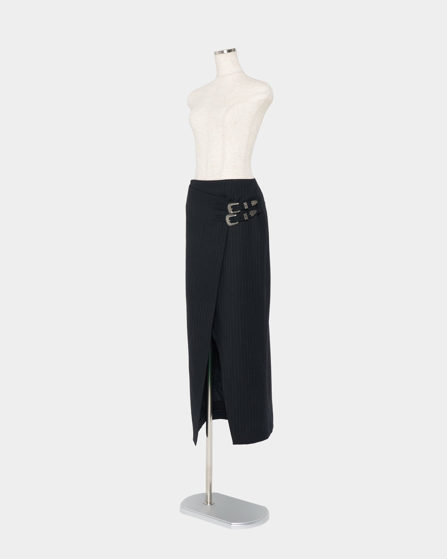 metal buckle stripe wool wrap skirt Black【Delivery in July 2026】