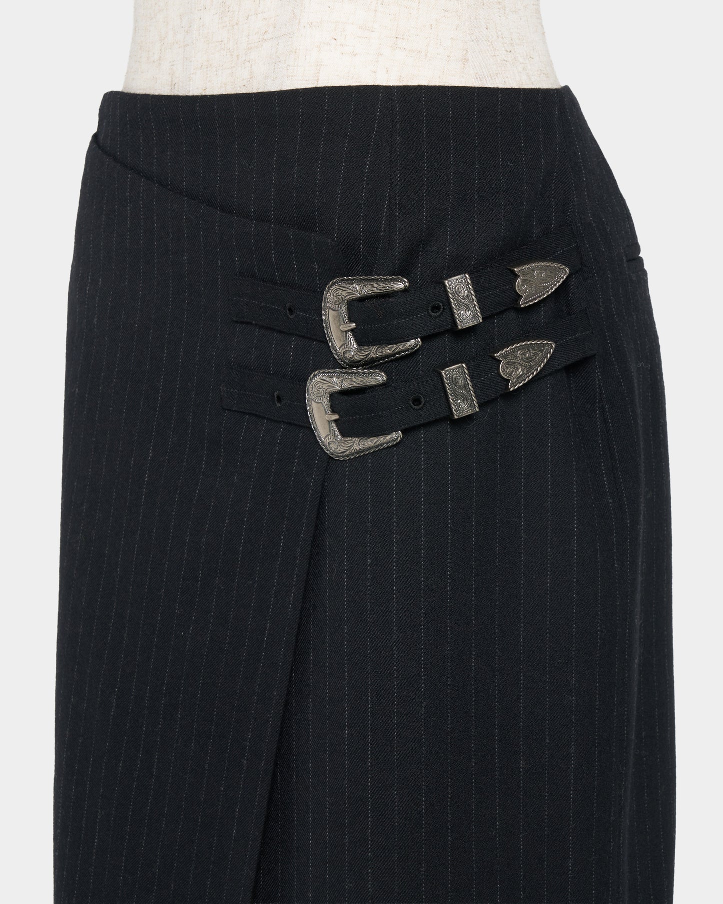 metal buckle stripe wool wrap skirt Black【Delivery in July 2026】
