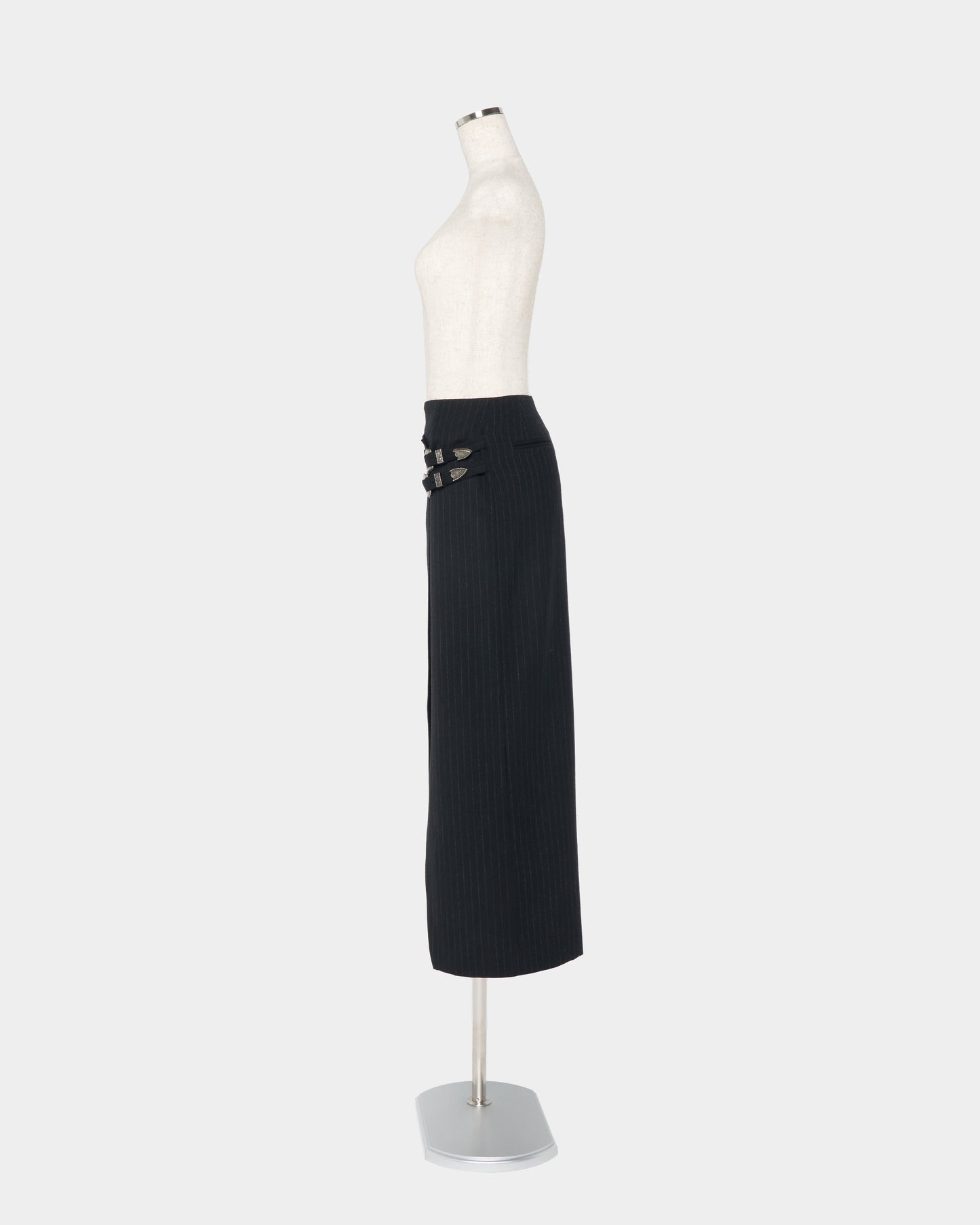 metal buckle stripe wool wrap skirt Black【Delivery in July 2026】
