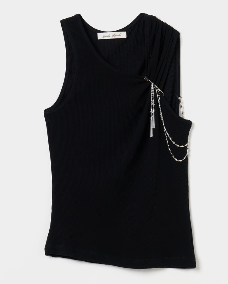 one-side drape gather tank top Black【stock】