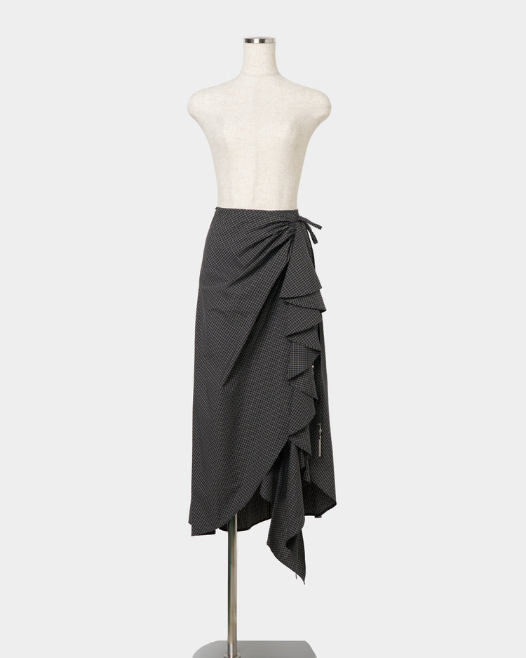 check frilled wrap skirt Black【stock】