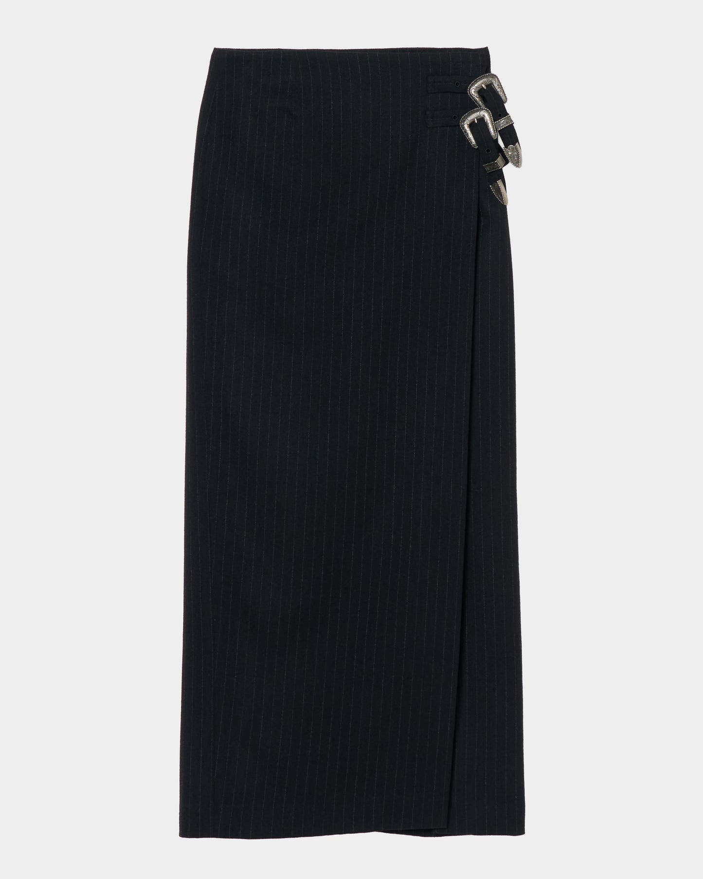 metal buckle stripe wool wrap skirt Black【Delivery in July 2026】