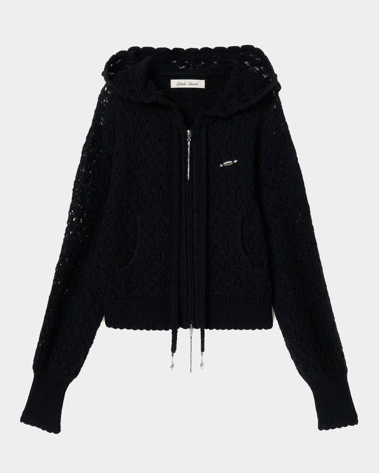 mohair lace knit hoodie Black【Stock】