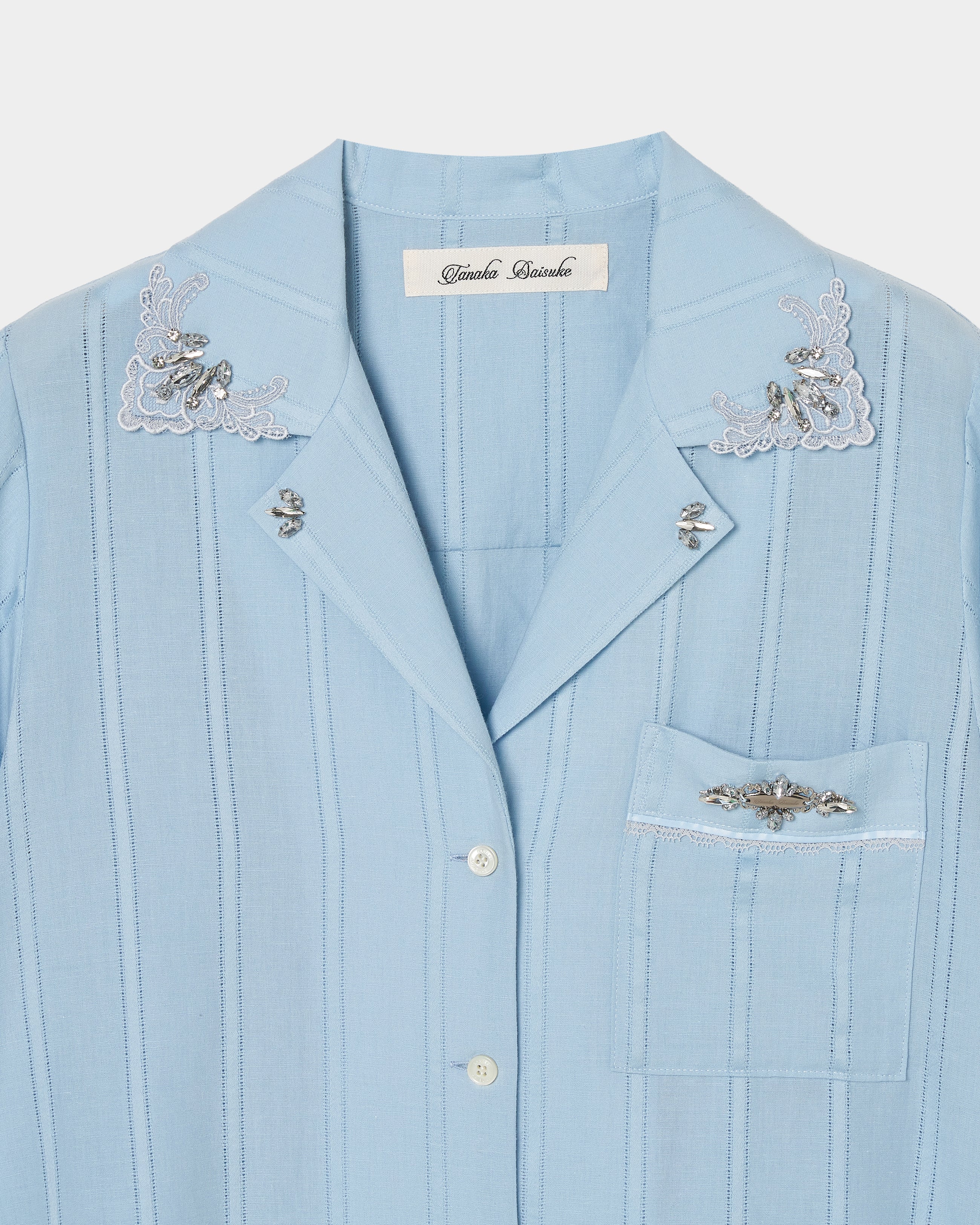 tanakadaisuke(タナカダイスケ)|シャツ|Lace bijou open collar shirt Sax