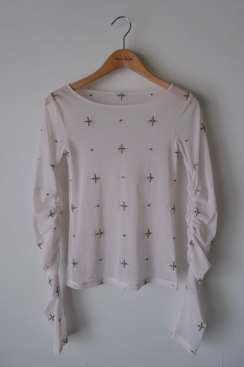 cross embroidery gather sleeve tops Greige【Delivery in February 2026】