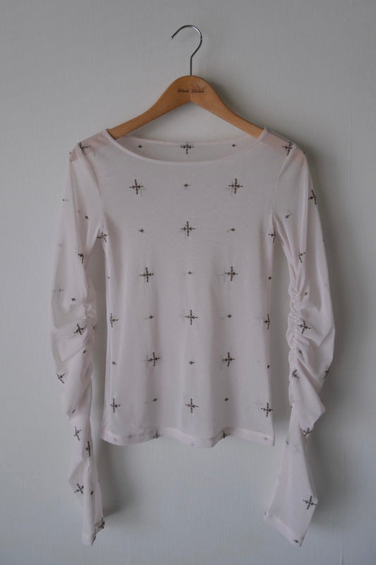 cross embroidery gather sleeve tops Greige【Delivery in February 2026】