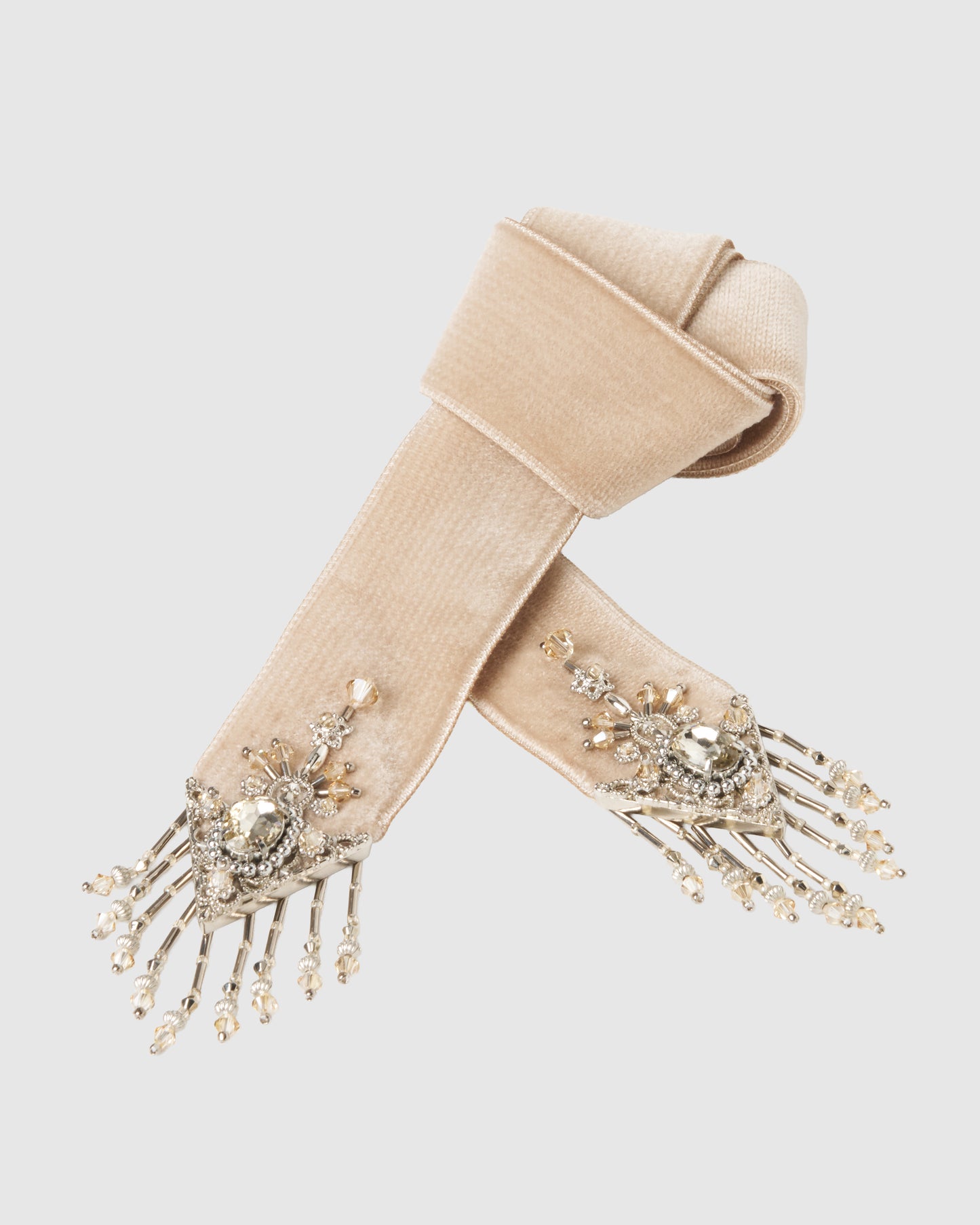 crystal silver tip velvet long ribbon beige【POPUP先行】