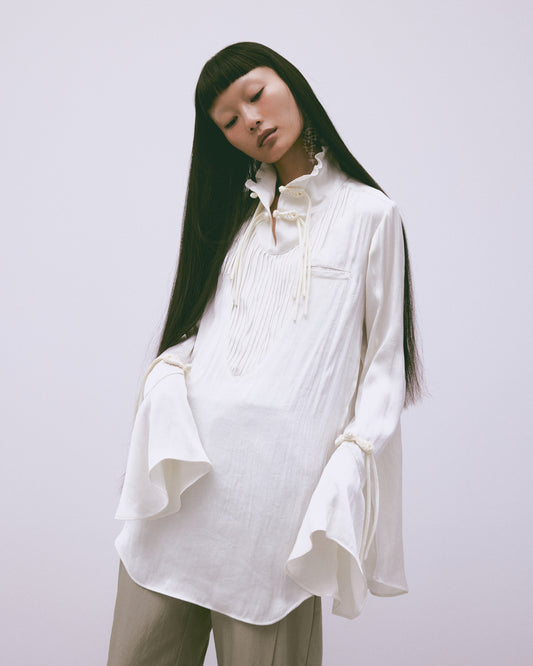 front tuck china button blouse White【Delivery in July 2024】