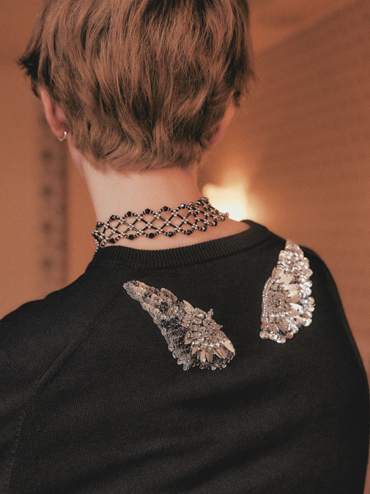 Silver crystal bijou wing cardigan Black【Stock】