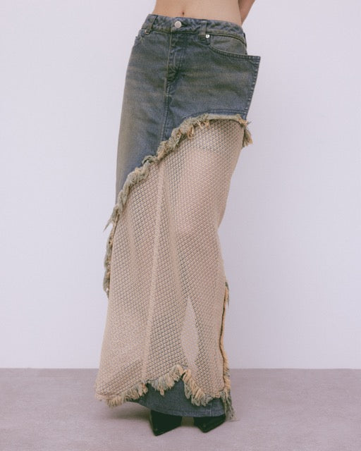 lace docking maxi denim skirt Beige【Stock】