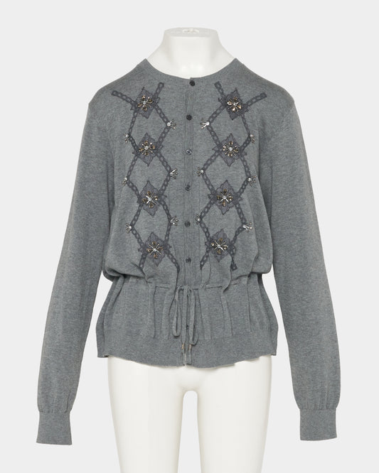 Lace argyle bijou knit  cardigan Gray【Delivery in February 2027】