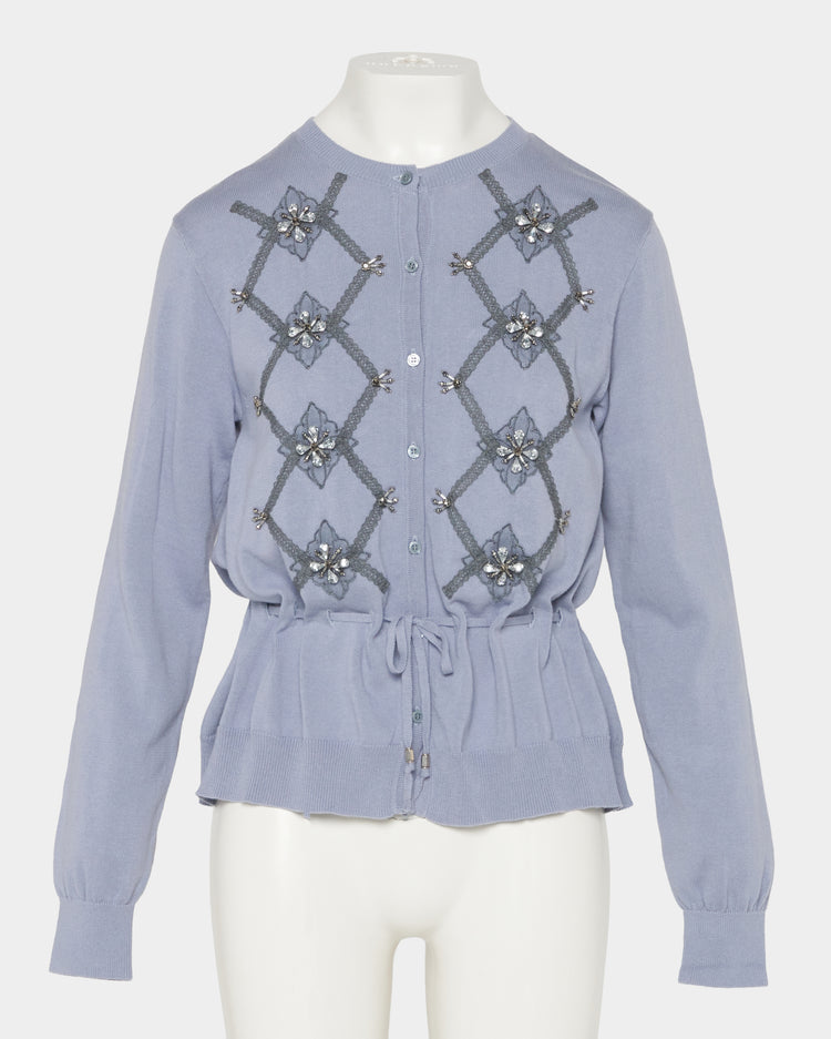 Lace argyle bijou knit  cardigan Sax【Delivery in February 2027】