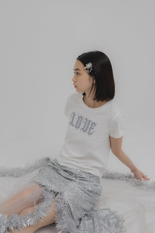 LOVE glitter T-shirt mini White× Silver【stock】