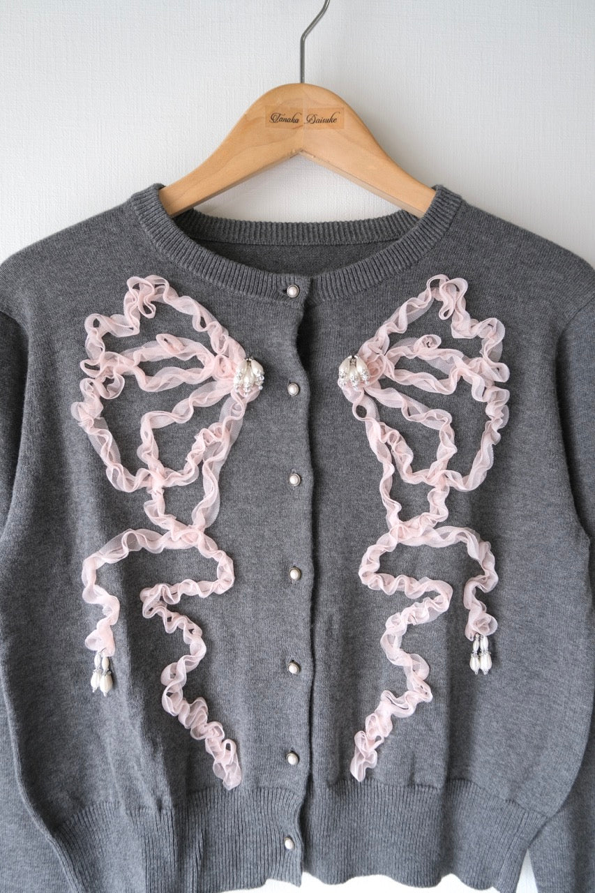 Ribbon tulle pearl embroidery cardigan Heather gray【Delivery in February 2026】