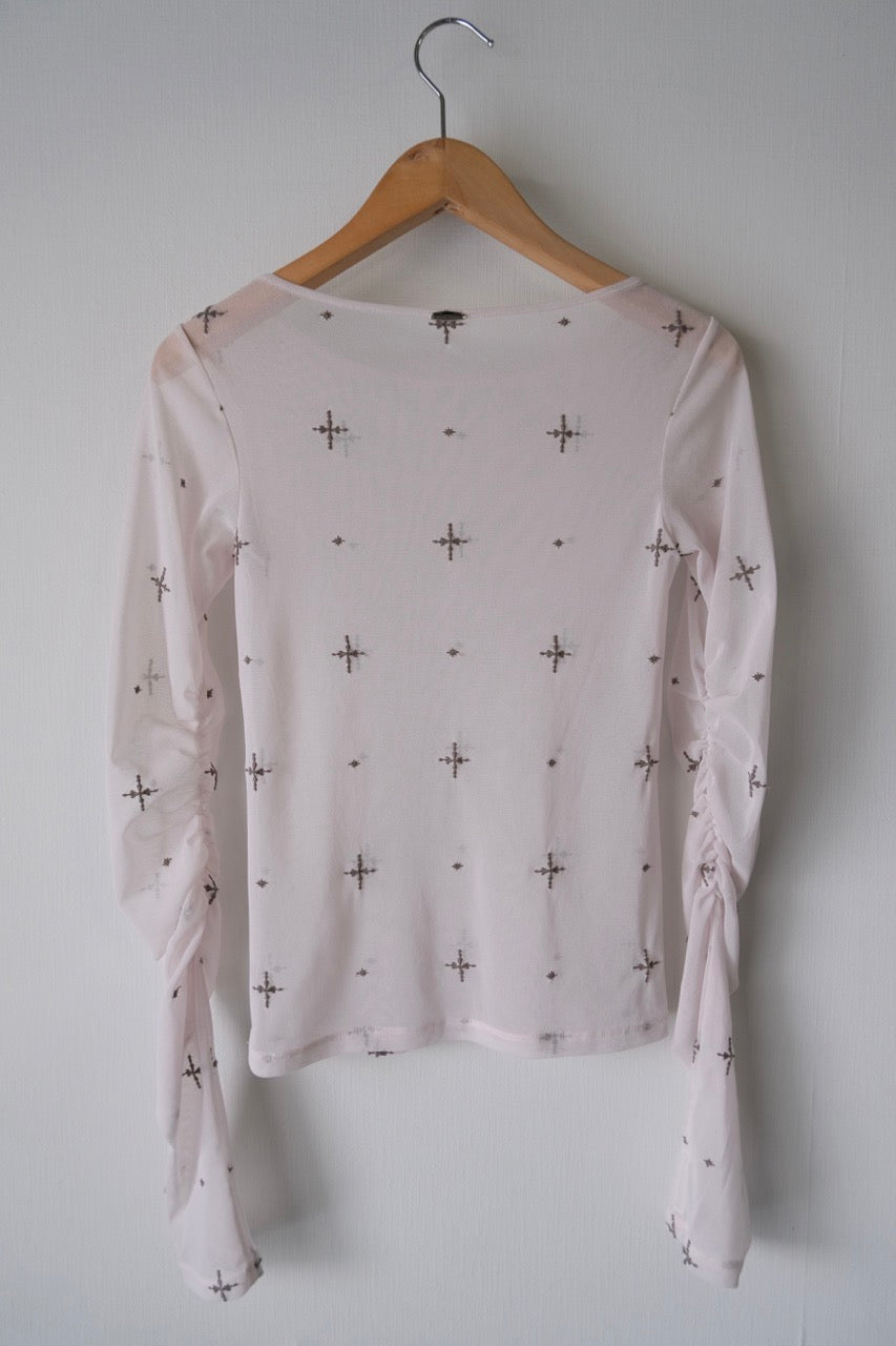 cross embroidery gather sleeve tops Greige【Delivery in February 2026】