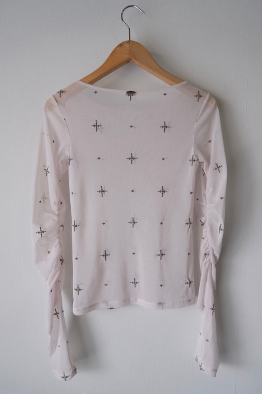 cross embroidery gather sleeve tops Greige【Delivery in February 2026】