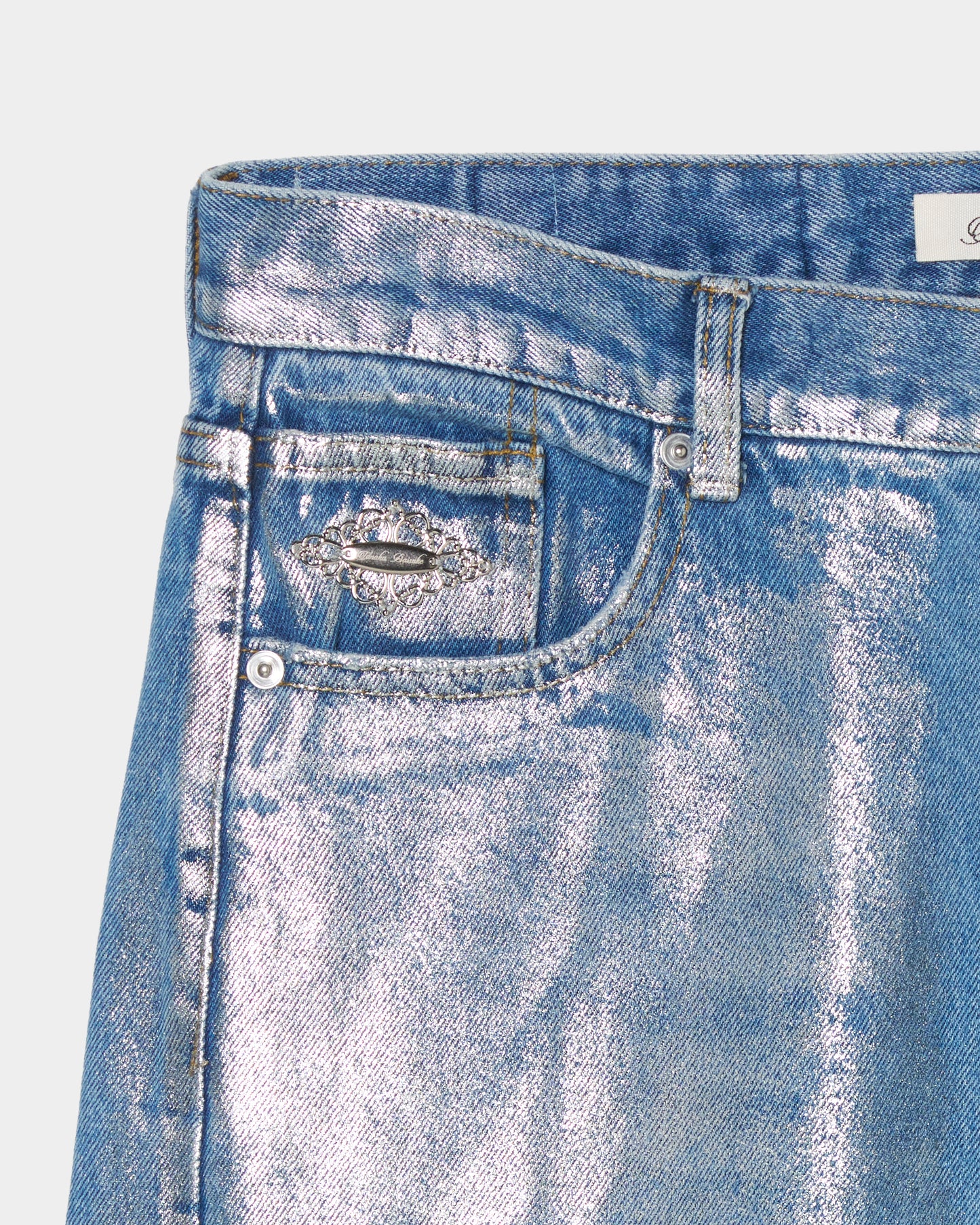 Silver foil print ornament denim pants Blue【Delivery in February 2027】