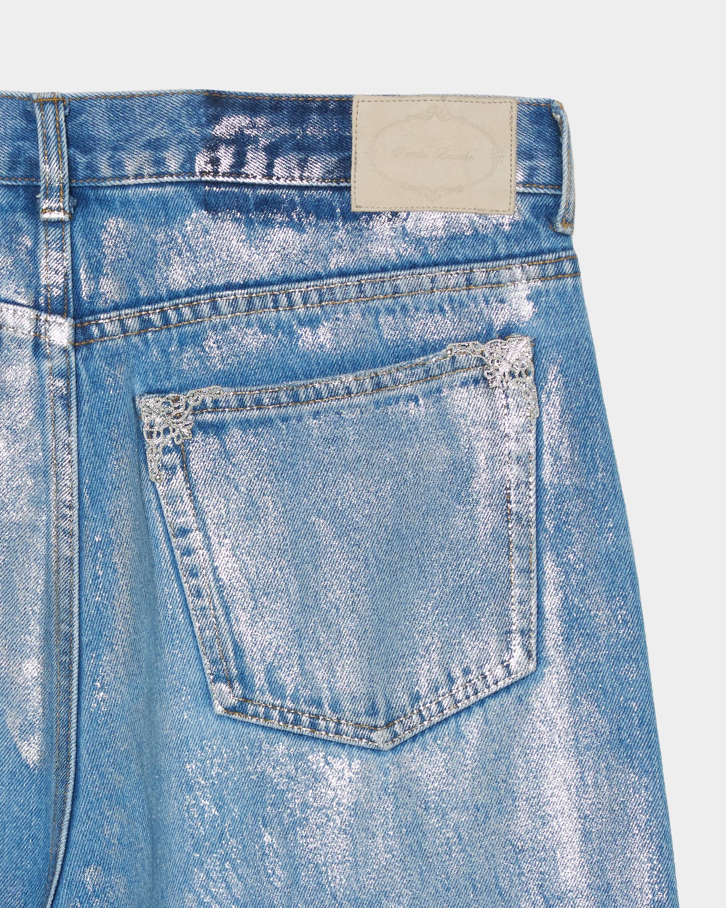 Silver foil print ornament denim pants Blue【Delivery in February 2027】