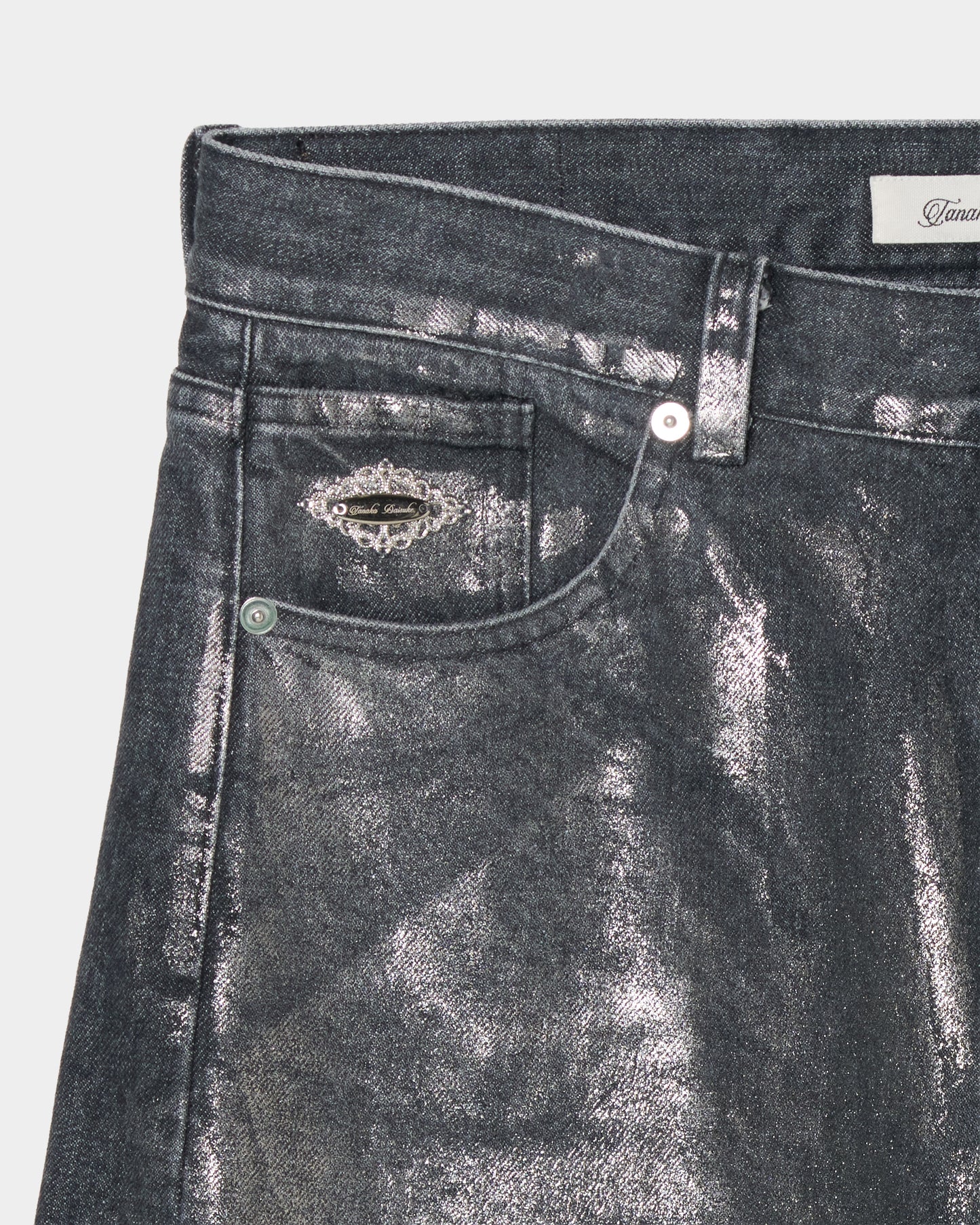 Silver foil print letter pocket denim pants Black【Delivery in February 2027】