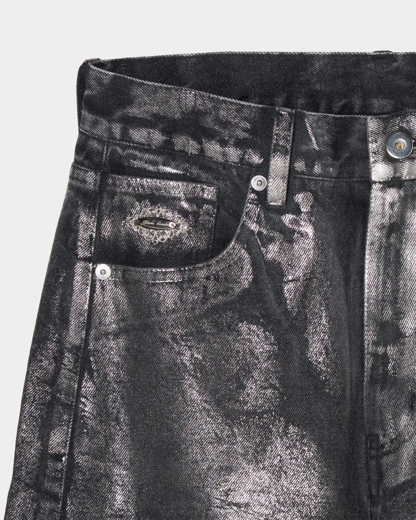 Silver foil print ornament denim pants Black【Delivery in February 2027】