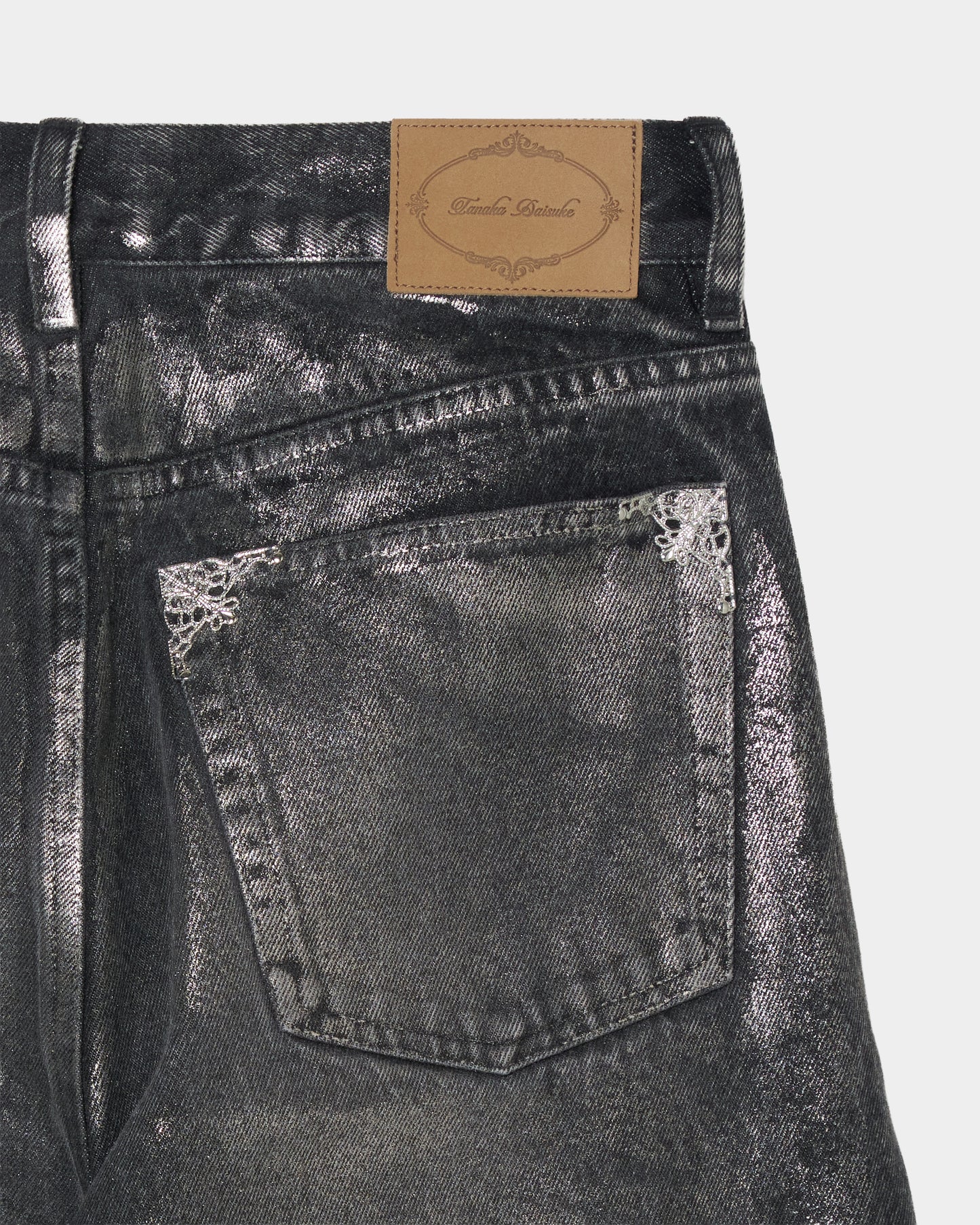 Silver foil print ornament denim pants Black【Delivery in February 2027】