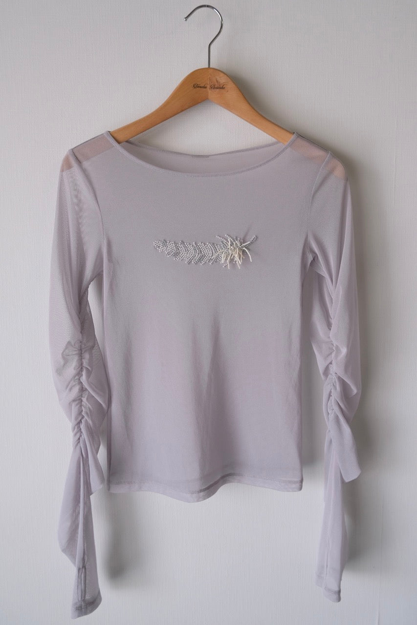 feather beads embroidery gather sleeve tops Gray【Delivery in February 2026】