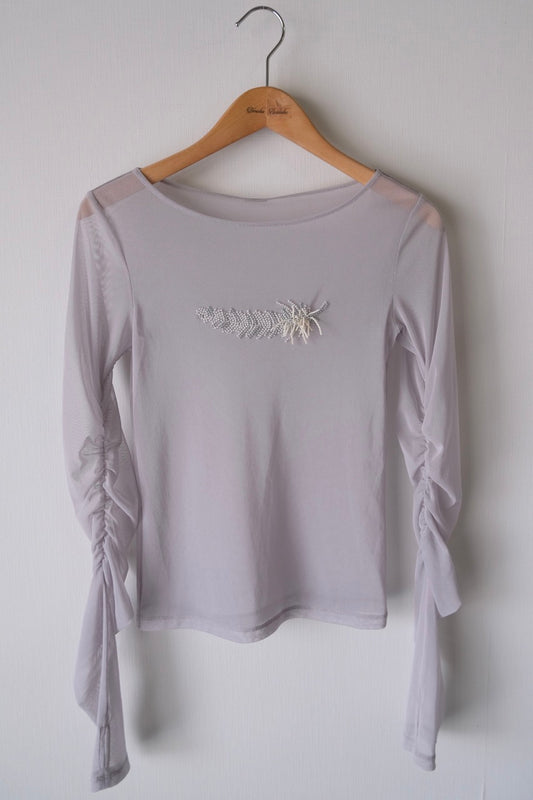 feather beads embroidery gather sleeve tops Gray【Delivery in February 2026】