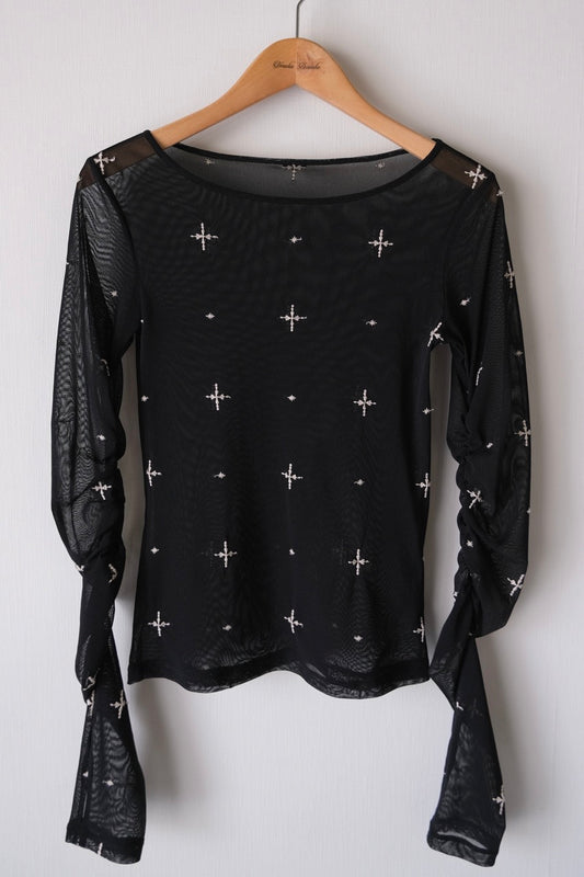 cross embroidery gather sleeve tops Black【Delivery in February 2026】