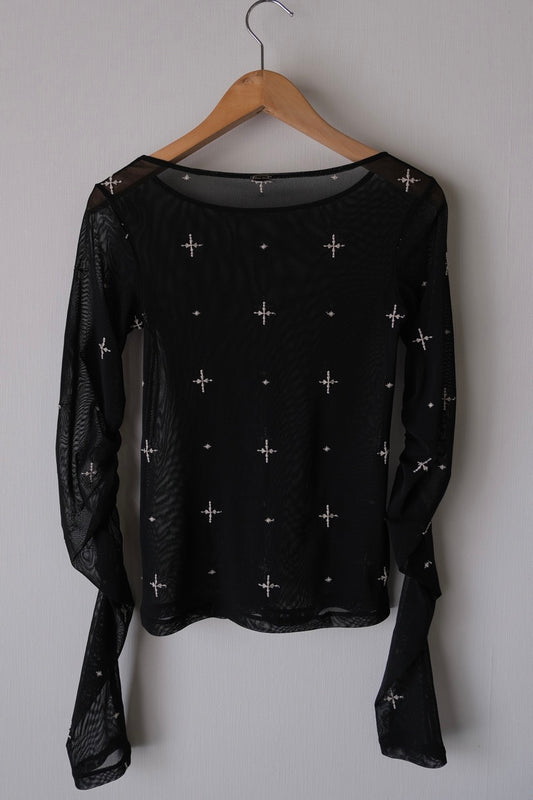 cross embroidery gather sleeve tops Black【Delivery in February 2026】