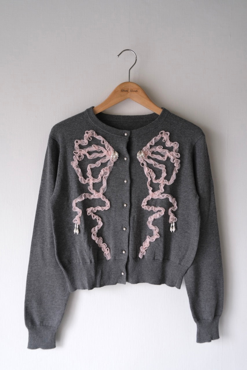 Ribbon tulle pearl embroidery cardigan Heather gray【Delivery in February 2026】