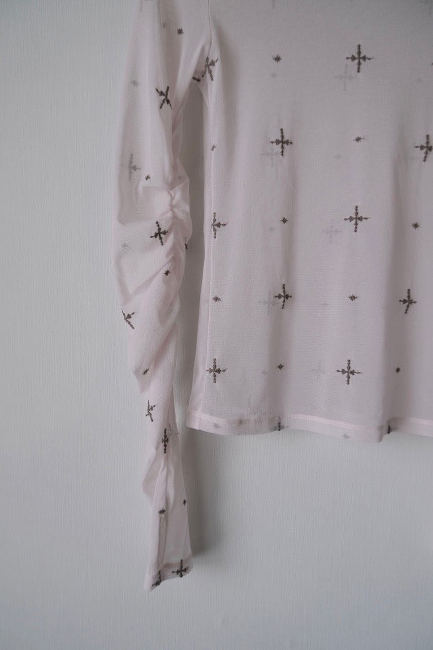 cross embroidery gather sleeve tops Greige【Delivery in February 2026】