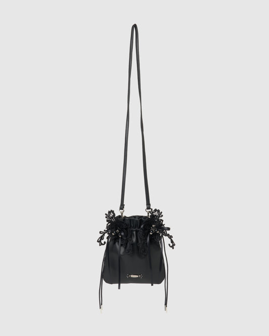 lace flower drawstring sacoche Black【Stock】