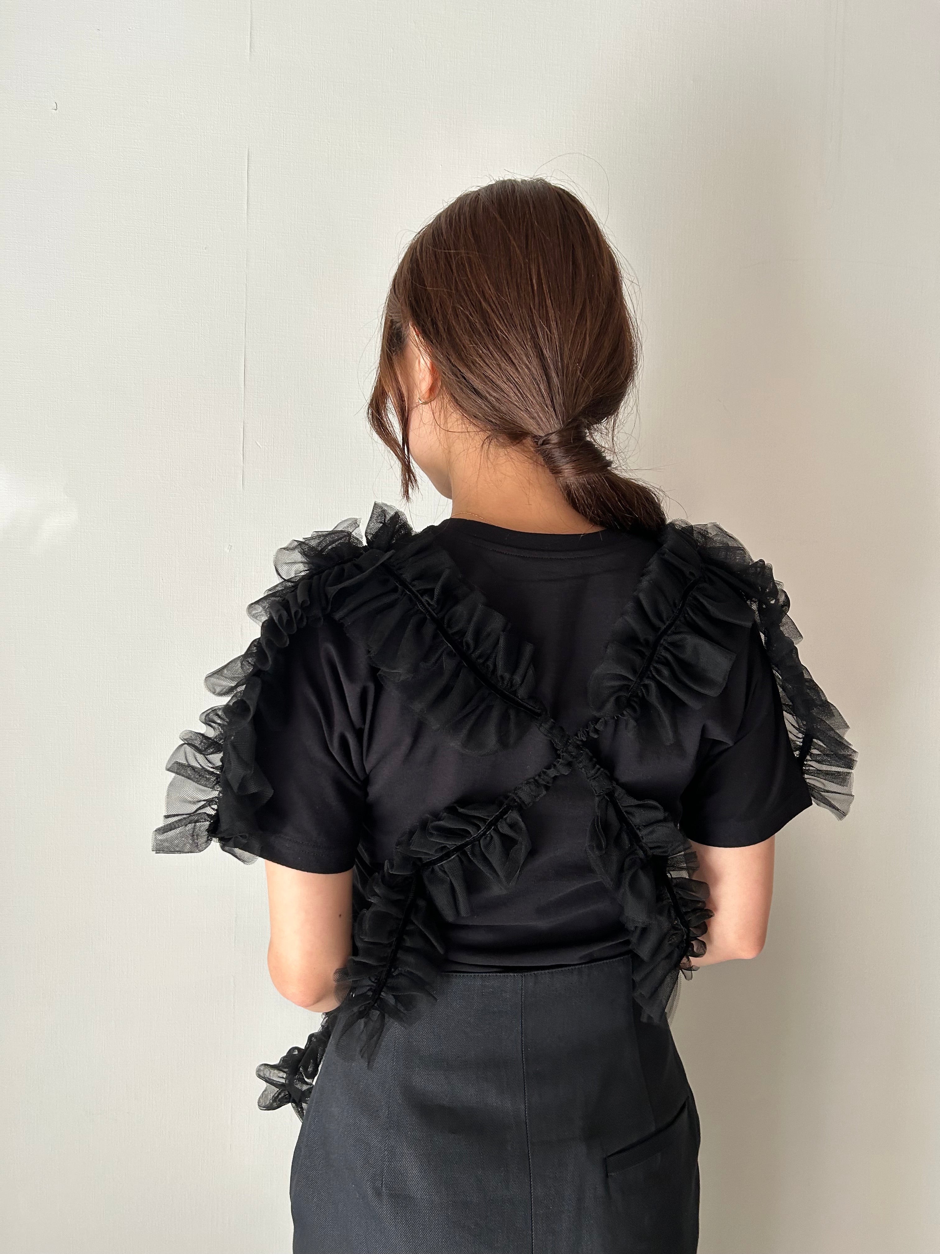 gather tulle ribbon tops Black – tanakadaisuke