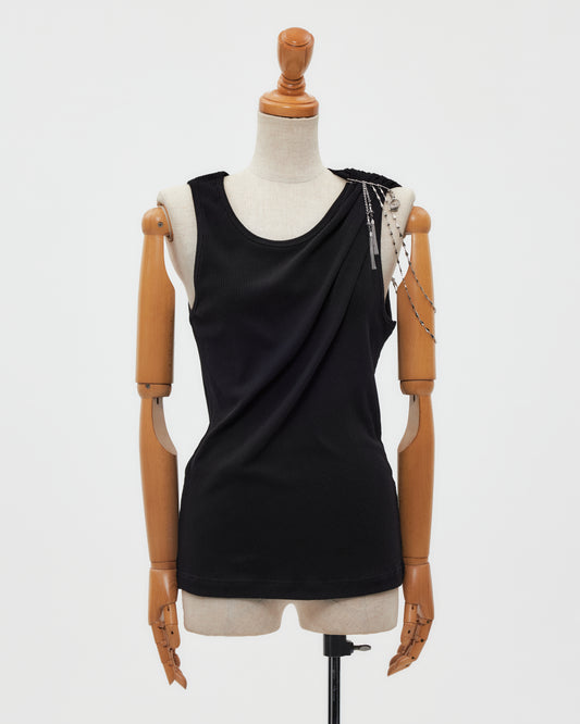 one-side drape gather tank top Black【stock】