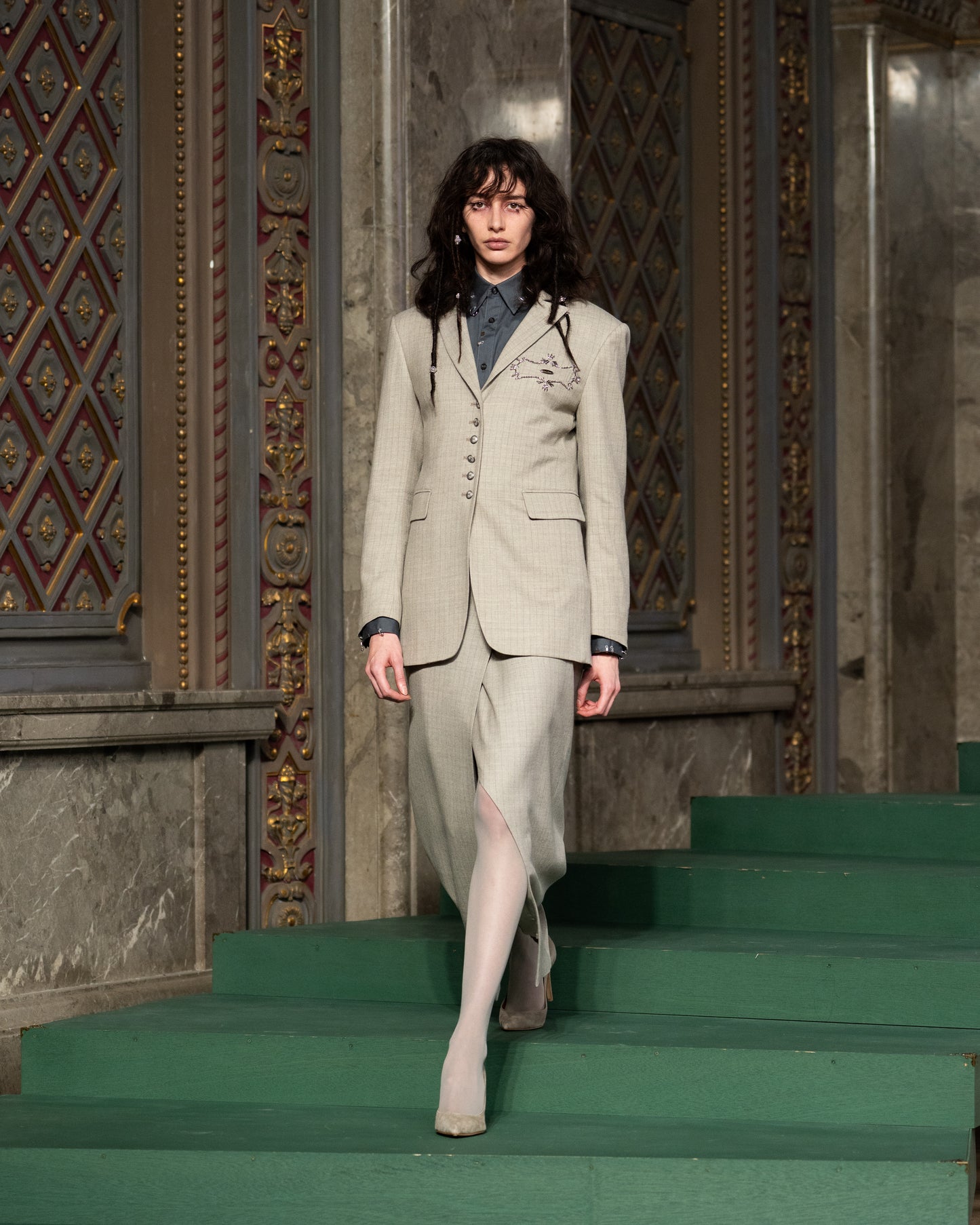 metal embroidery stripe wool jacket Greige【Delivery in July 2026】