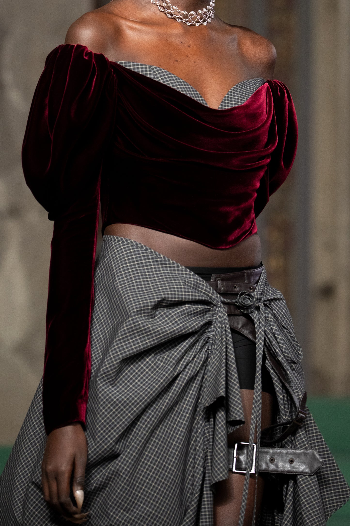 check corset velvet blouse Red【Delivery in September 2026】
