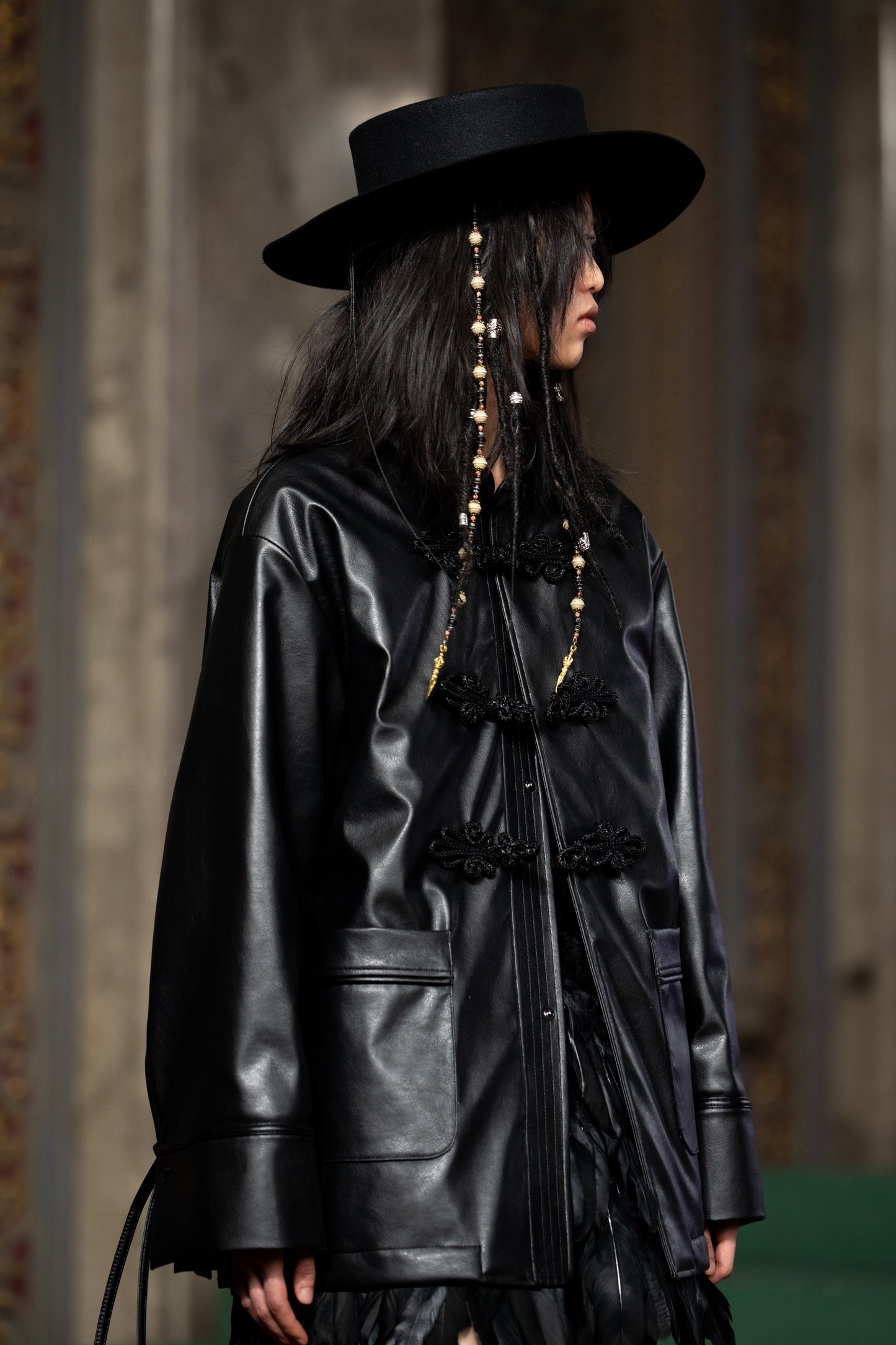 Black china button leather jacket【Delivery in September 2026】