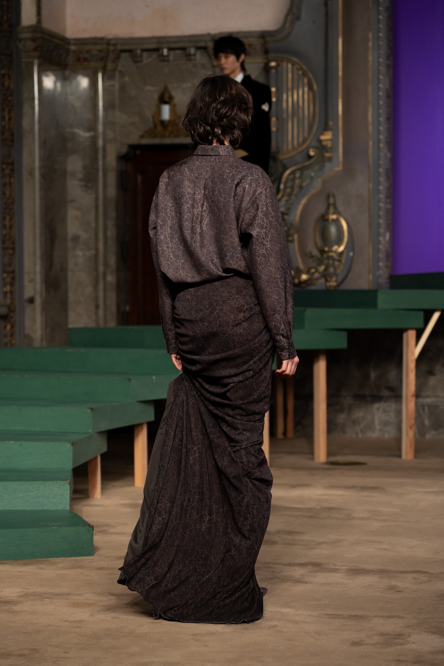 meteorite print tulle drape skirt long Brown【Delivery in August 2026】