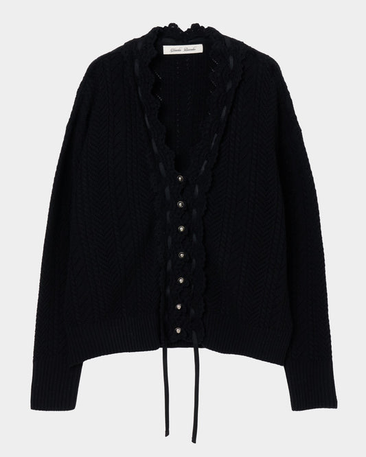 lace crochet knit ribbon cardigan Black【Delivery in August 2026】