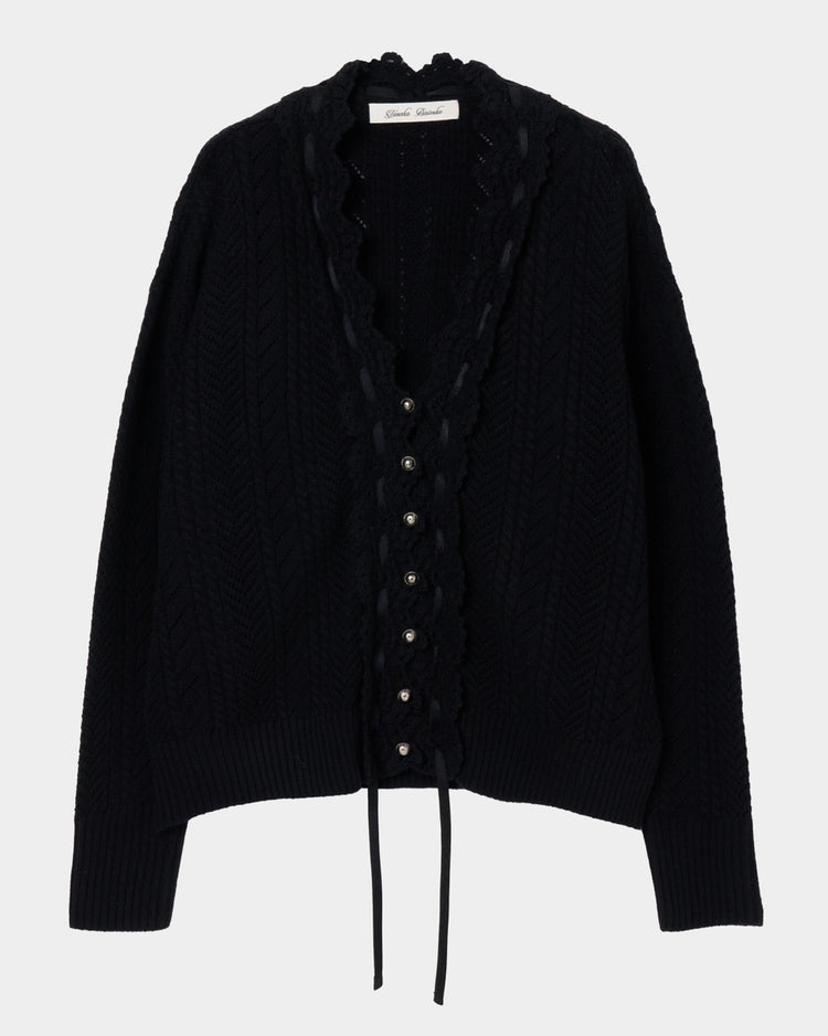 lace crochet knit ribbon cardigan Black【Stock】