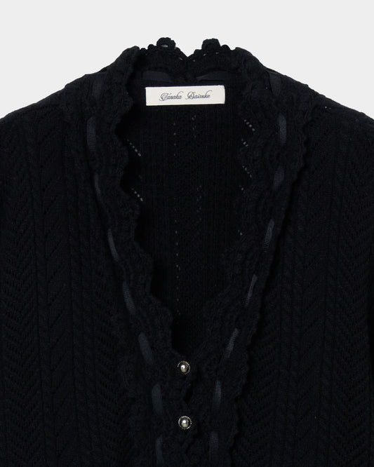 lace crochet knit ribbon cardigan Black【Delivery in August 2026】